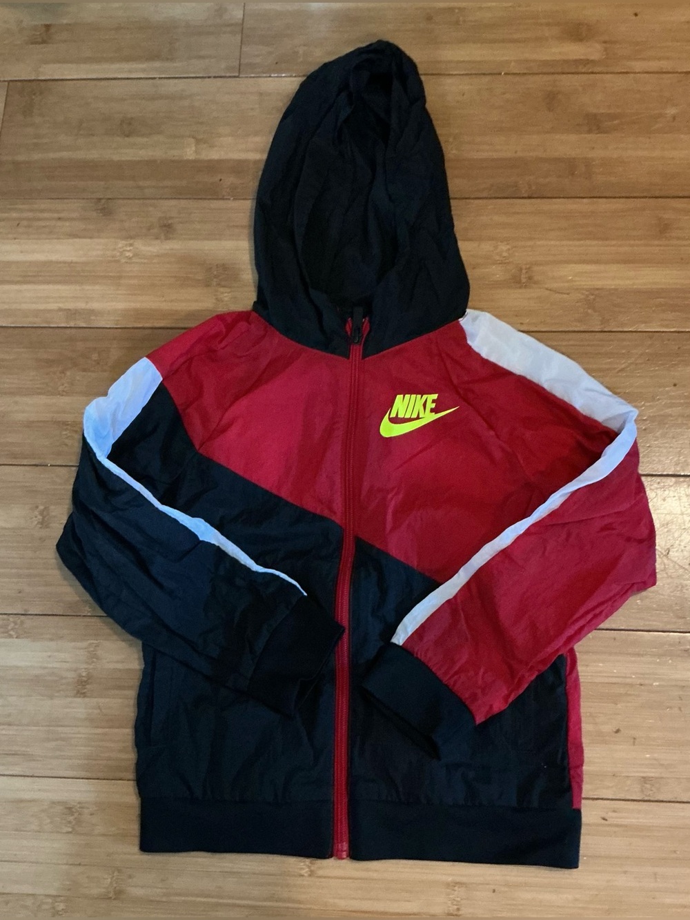 Nike Boys Windbreaker Jacket Full Zip Hooded Red Black Neon Volt Big Logo 5/6